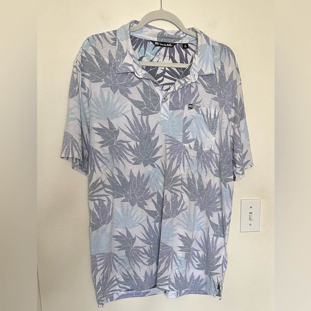 Travis Mathew Polo Shirt Men’s Gray Blue Purple Floral Pima Cotton Logo Size XL